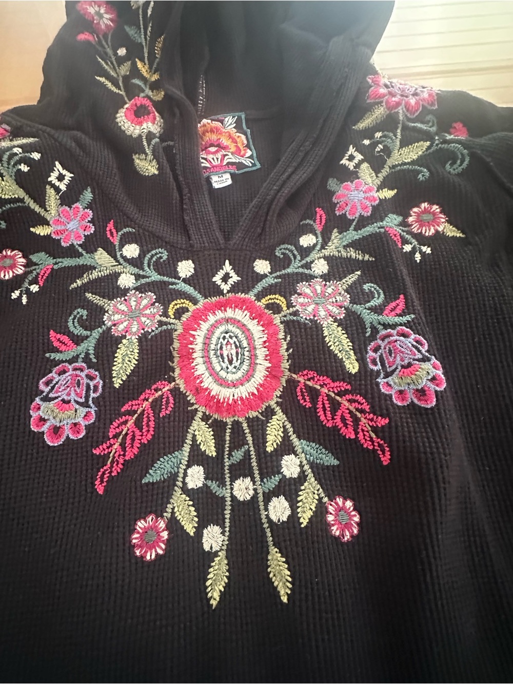 Johnny Was Black Hooded Sweatshirt with Pink & Green Floral Embroidery - Picture 3 of 4